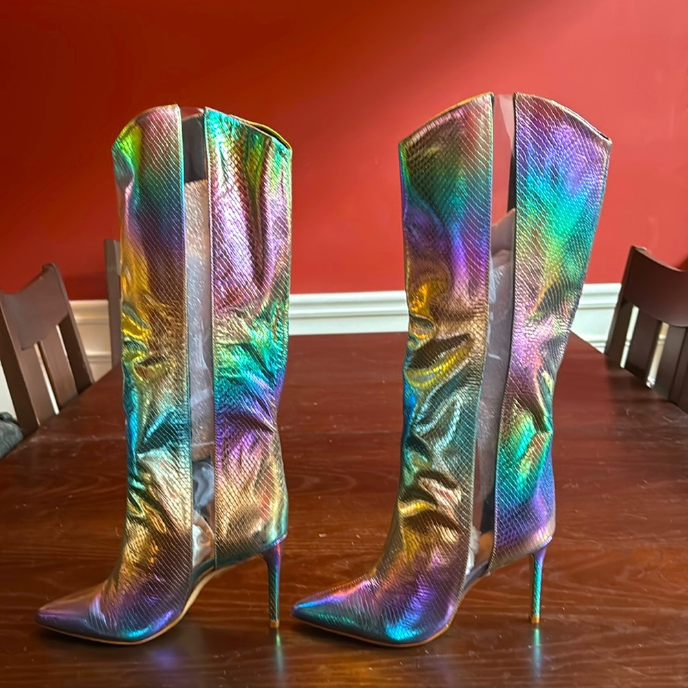 Schultz metallic snake-embossed tall leather boots.  Size 7.  Never worn w/tags.